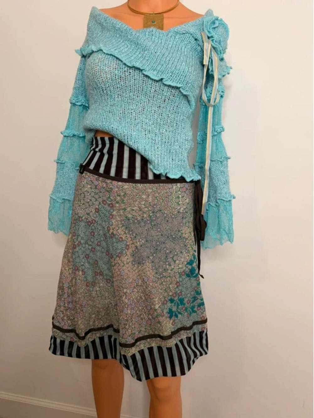 Cop Copine Vintage Y2K Midi Skirt Floral Silk Cotton Blend Striped Trim Size S